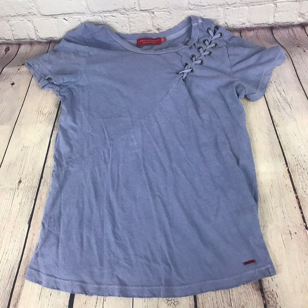 Philanthropy Short Sleeve Lace Up Shoulder T-shirt - Picture 1 of 6